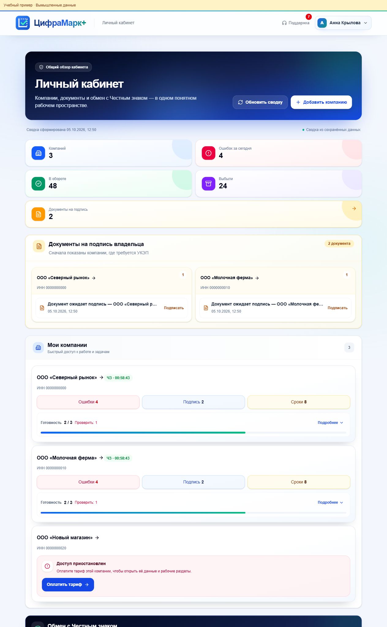 Экран компаний личного кабинета